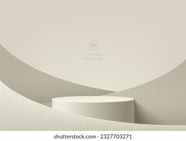 Cream and beige 3D cylinder pedestal podium background with vertical pattern in levels curve shape wall scene. Minimal mockup product stage showcase, promotion display. Abstract vector geometric forms