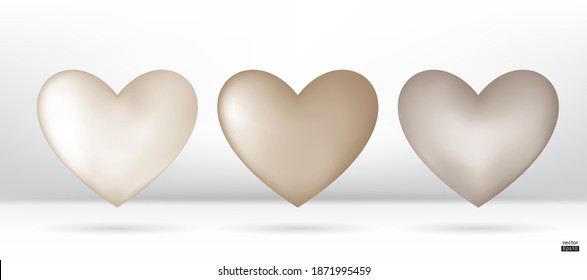 Cream or Beige hearts 3D vector collection isolated on white background.Symbol of Love and Valentine's Day.Heart  shape icon illustration vector for design card.Light gold hearts.