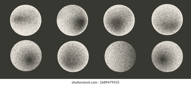 Cream beige noise gradient circle element set. Speckle dotwork radial gradation round geometric forms collection. Vector salt or baking flour text boxes shapes of dots grain texture. Chalk spray icons