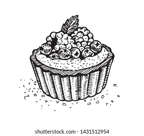 Cream, blueberry, raspberry and mint cake. Vintage graphics for menu, labels, packaging design, restaurants and catering. Hand-drawn images