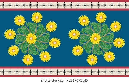 The cream border carpet pattern has a row of floral patterns in a row and in the middle of the yellow there are beautiful flowers arranged in an orderly manner. Fabric patterns, vectors, blue 