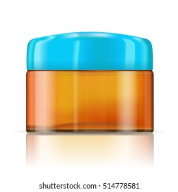 Cream bottle. Brown glass container with blue lid. Vector illustration isolated on white background
