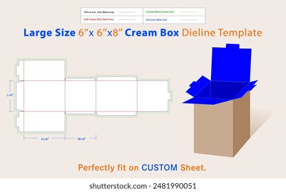 Cream Box Large Size L 6, W 6, H 8 Inches Dieline Template. A box is a container with a dimensional structure used to store, protect, and transport items.