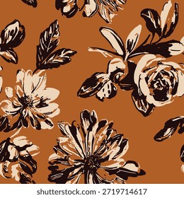 Creme und braunes florales Muster auf Senf nahtlos Vintage Vektor textiler Hintergrund