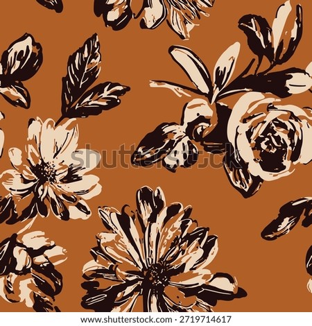 Cream and brown floral pattern on mustard seamless vintage vector textile background