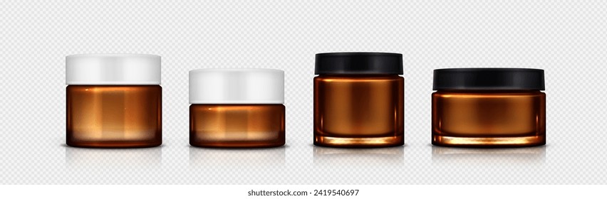 Cream brown glass jar with white and black plastic cap mockup. Realistic vector illustration set of amber color container for cosmetic. Makeup lotion or face cream round package with glossy lid.