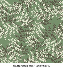 cream and brown vector seamless floral leaves pattern on green background