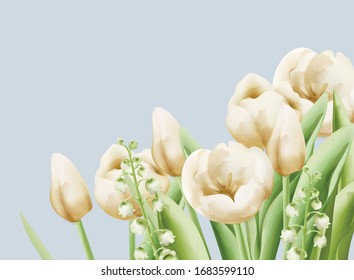 Cream buttercup and bell flowers with green leaves and stem