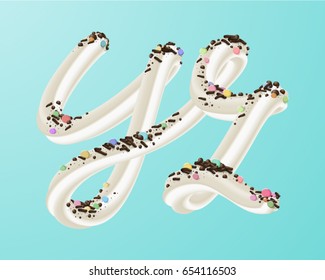 Cream cake abc letters set. 3d white cream alphabet with sprinkles on turquoise background. Birthday party font. Cupcake alphabet. Good for Banners, packaging design. Sweet food cursive font.
