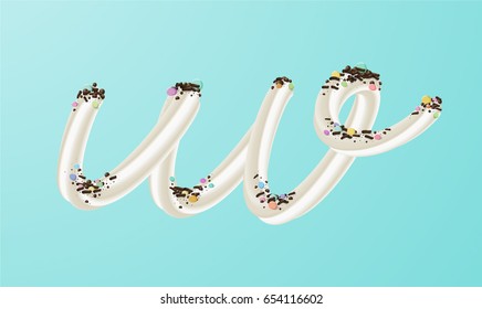 Cream cake abc letters set. 3d white cream alphabet with sprinkles on turquoise background. Birthday party font. Good for Banners, packaging design. Sweet food cursive font.
