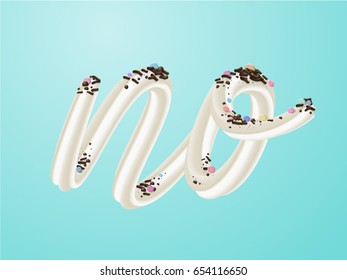 Cream cake abc letters set. 3d white cream alphabet with sprinkles on turquoise background. Birthday party font. Good for Banners, packaging design. Sweet food cursive font.