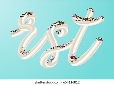 Cream cake abc letters set. 3d white buttercream alphabet with sprinkles on turquoise background. Vector illustration. Good for Banners, Birthday cards, packaging design. Sweet food cursive font.