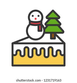 cream cake decoration with snowman and pine tree icon. editable line