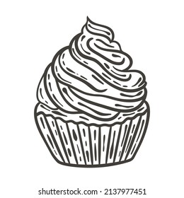 Cream cake doodle style vector isolated illustration. Black graphic sketch baking. Confectionery hand engraved