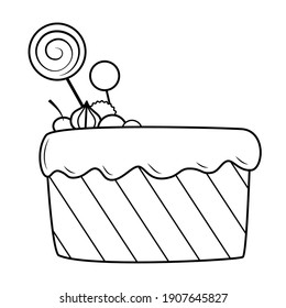 Cream cake garnished with sweets, cookies and cherries.Black and white hand drawn isolated outline drawing on white background. Doodle.