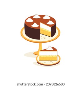 Icono vectorial de postre casero de crema pastelera. Tarta cremosa en el estrado, trozo de tarta de queso en el elemento de diseño de dibujos animados en placa. Dibujo de fondo de comida de postre dulce. Plantilla de la receta del evento de fiesta de tarta