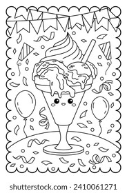 Cream cake with ice cream, birthday dessert. Sweets, dessert. Cute coloring page for kids and adults, black and white vector illustration.