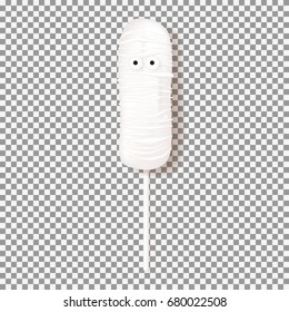 Cream cake mummy isolated on transparent backdrop. Top view on realistic dessert on a stick with milk chocolate for halloween. Vector illustration.