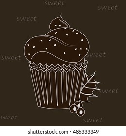 Cream cake on the black background. Vector illustration.