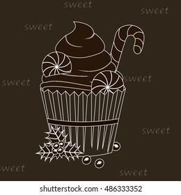 Cream cake on the black background. Vector illustration.