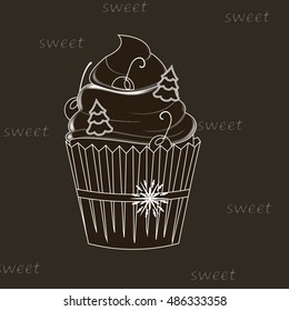 Cream cake on the black background. Vector illustration.