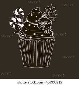 Cream cake on the black background. Vector illustration.
