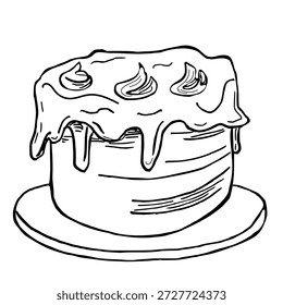 Um bolo de creme em uma banca. Ilustração vetorial de um doce deleite em um estilo de esboço para design de livros, livros de colorir, interiores de crianças, cartões de férias e impressão em tecido e roupas.