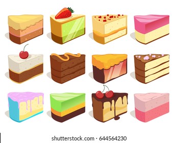 Cream cake slices pieces. Vector illustrations set in cartoon style