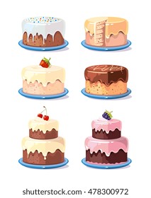 Cream cake tasty cakes vector set in cartoon style. Birthday cake with chocolate and fruits illustration