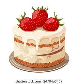 A cream cake with white icing decorated with strawberries. Illustration on a white background