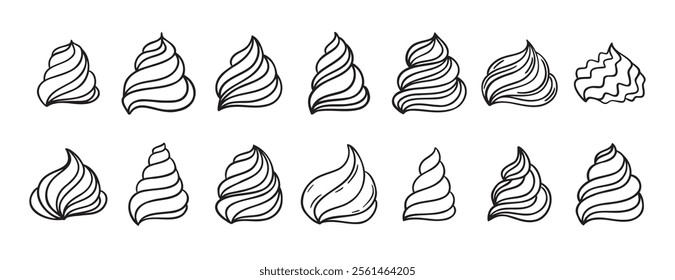 Cream for cakes or for ice cream doodle hand drawn icon set. Outline drawing cream for cakes or for ice cream line clipart symbol collection. Vector illustration