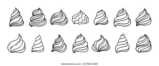 Cream for cakes or for ice cream doodle hand drawn icon set. Outline drawing cream for cakes or for ice cream line clipart symbol collection. Vector illustration