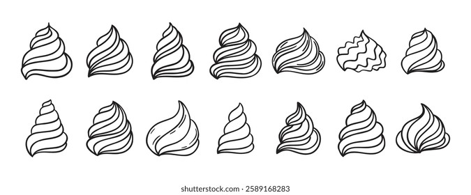 Cream for cakes or for ice cream doodle hand drawn icon set. Outline drawing cream for cakes or for ice cream line clipart symbol collection. Vector illustration