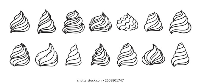 Cream for cakes or for ice cream doodle hand drawn icon set. Outline drawing cream for cakes or for ice cream line clipart symbol collection. Vector illustration