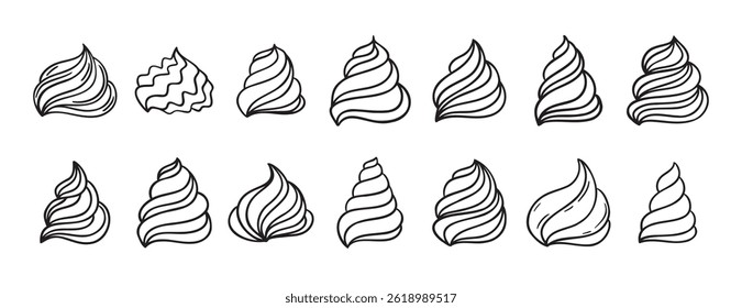 Cream for cakes or for ice cream doodle hand drawn icon set. Outline drawing cream for cakes or for ice cream line clipart symbol collection. Vector illustration