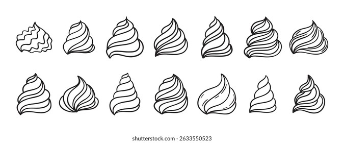 Cream for cakes or for ice cream doodle hand drawn icon set. Outline drawing cream for cakes or for ice cream line clipart symbol collection. Vector illustration