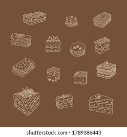 Cream cakes and muffins. Sketch of desserts.