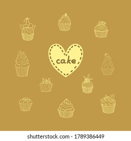 Cream cakes and muffins. Sketch of desserts.