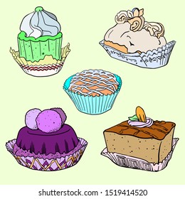 Cream cakes, sponge cakes with frosting 