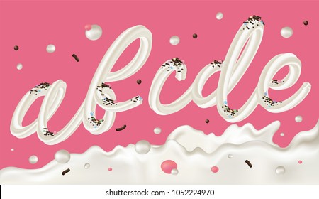 Cream candy font on pink background. ABC - festive alphabet letters set. 