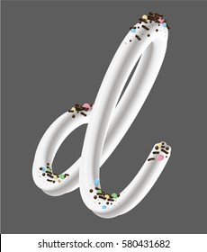 Cream candy letter d. Font design of the white buttercream frosting and sprinkles. 3D photorealistic vector illustration isolated on grey background. 