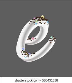 Cream candy letter e. Font design of the white buttercream frosting and sprinkles. 3D photorealistic vector illustration isolated on grey background. 
