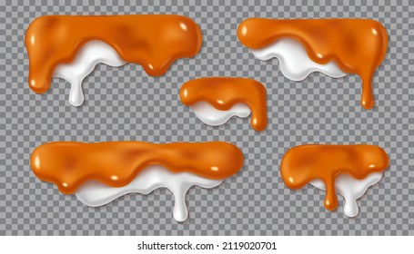 Cream caramel sauce drip set. Melted drops of sweet liquid toffee with milk isolated on transparent background. Paint stains vector illustration