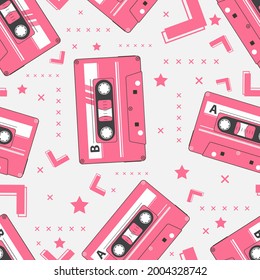 Cream cassette 90s abstract vector seamless repeat pattern.