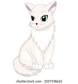 Cream cat in anime style wih green eyes. Vector illustration.