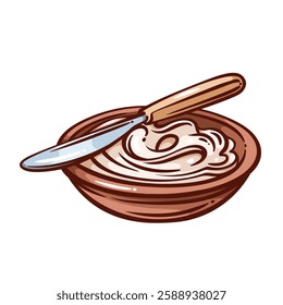 Cream Cheese in bowl with knife for spreading line icon. Outline hand drawn creamy cheese pot for healthy traditional breakfast. Dairy product mascot, brown plate of sauce icon vector illustration