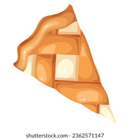 Cream or cheese pie slice, top view vector illustration. Cartoon isolated triangle piece of cheesecake or tart with shortcrust pastry lattice and custard filling, portion of pie dessert for eating