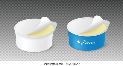 Cream cheese plastic container with open foil, realistic 3d vector illustration isolated on transparent background. Food package template with label and blank. Set of butter pots mockups.