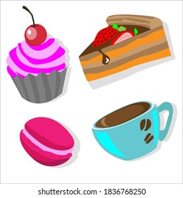 
Сupcake with cream and cherry on top, a piece of chocolate cake with strawberries, pink macaroon and a cup of coffee. Cartoon illustration. On a white beckground. Vector