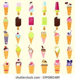 Cream, chocolate, fruit and berry ice cream in a waffle cup. Summer dessert. A set of vector illustrations in a cartoon style. Isolated objects